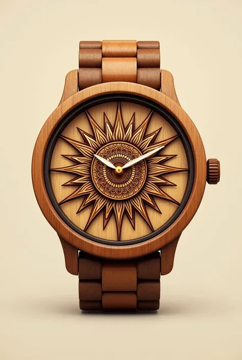 A wooden watch LOGO with a beautiful sun art on the middle 