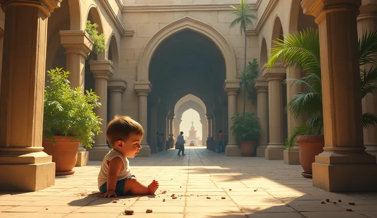 Isaiah’s son Maher-Shalal-Hash-Baz as a toddler, playing innocently in a courtyard while behind him, shadowy images of warriors, burning cities, and plundering armies loom, symbolizing the future destruction prophesied by his name