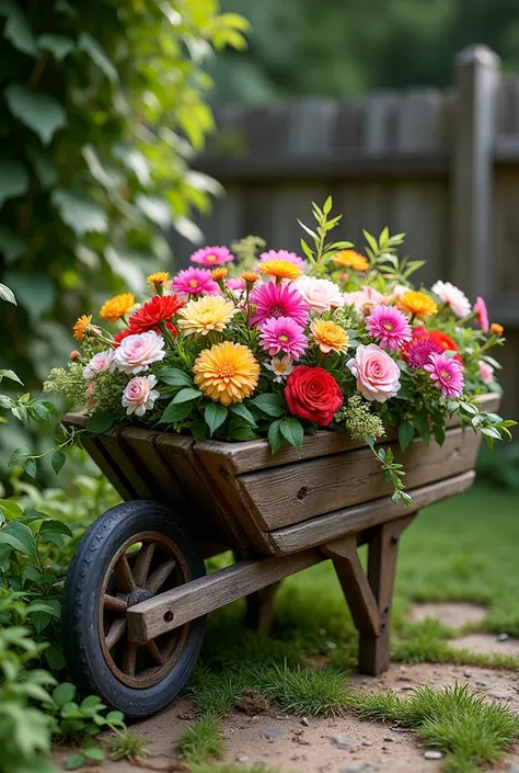 Simple wooden wheelbarrow with colorful flowers and bush inside the cart 