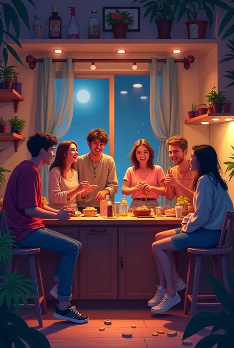 A party In a house in the kitchen At night Among friends Teenagers 