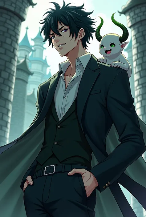 Lucifer motif Japanese male in his 20s Black hair Emerald green eyes＆Purple, a small white devil is flying beside her, a powerful image, she laughs a lot, she has fangs when she laughs, she likes alcohol, her whole body is shown, the background is an old c...