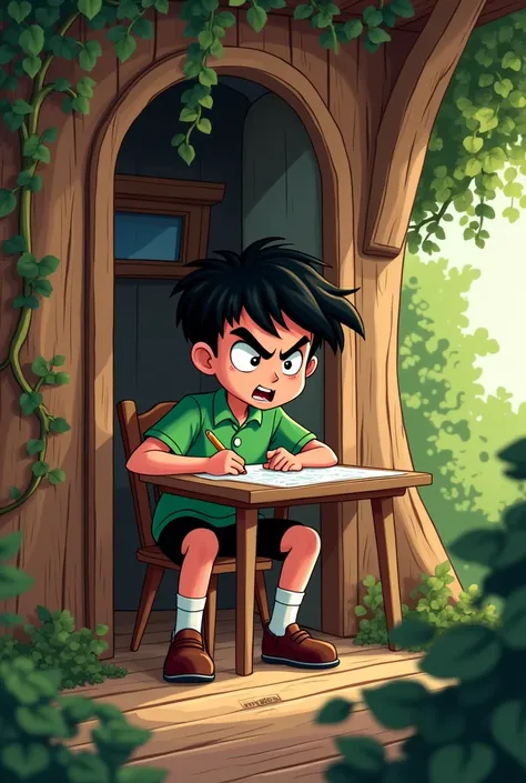 A boy with disheveled hair, a green polo shirt, a white button in the middle of the shirt, black shorts, white socks and brown shoes, inside a tree house and writing a plan with paper and pencil, cartoon style, a seven-year-old boy with an evil face, who i...