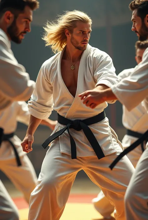 A handsome blond man in a judo suit with a black belt, He is in the judo gym with his friends practicing and fighting judo., in combat 