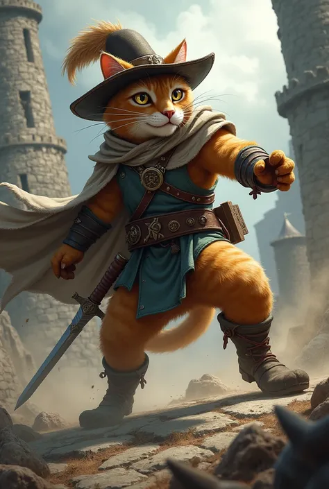 "A fierce and agile cat warrior standing in an attacking pose, with one paw raised and his sword ready to strike. He has sharp, intelligent eyes, wearing a large, feathered hat and a leather belt with a sheathed sword. His fur is smooth and golden brown, a...