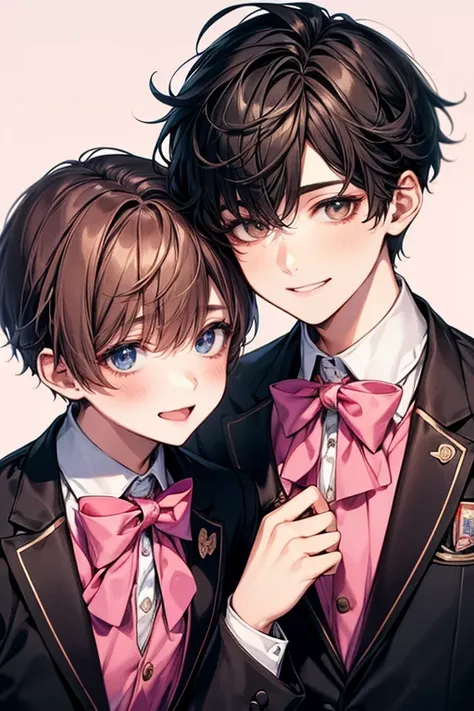 (high resolution), (high quality), (Best Quality), ((a couple boy school children)), Perfect Face, Beautiful Face, Very detail,  , smiling, wearing uniforms, closed up, pink fibe, sweet chocolate.