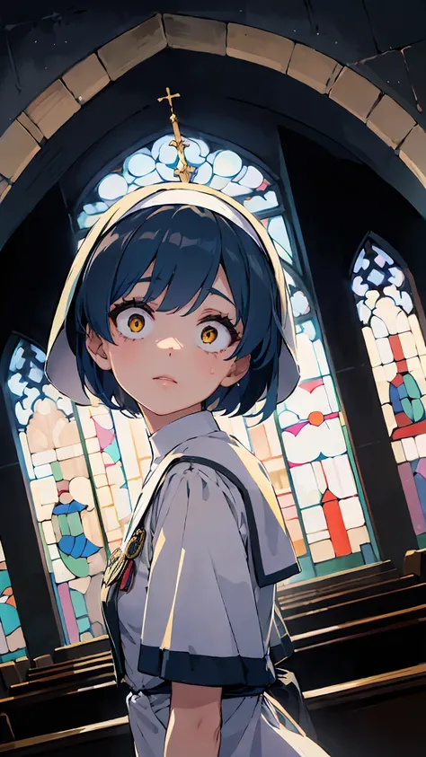 score_9, score_8_up, score_7_up, score_6_up, 1girl, deep blue hair, yellow eyes, nun, Pretty Face, wear a white medical mask, expressionless, Constricted pupils, horrified, looking at viewer, stained glass, church, arch, Face Focus, Shooting up close, Shoo...