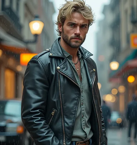 grown-up_naughty man, blond_body hair, maroon_eyeballs, blackw_jaket, jeans, tennis, Urban_context, streetLumieres, natta_Lumiere, citys_fund, realisitic_styled, portraite_outlet, Clouded_sky, (work of art, high qualiy, best qualityer:1.3), extremely detai...