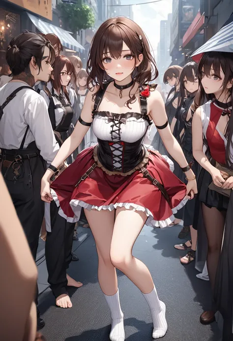 Build something amazing, White ribbed ankle socks highly detailed.Black choker, Brown Hair、Cute slave in gal costume.My slave girlfriend was a recluse and was shy around strangers..I love hanging out with my friends in the city so I bring my slaves with me...