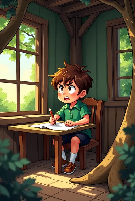 One with disheveled hair, a green polo shirt, a white button in the middle of the shirt, black shorts, white socks and brown shoes, inside a tree house and writing a plan with paper and pencil, a seven-year-old cartoon style, with an evil face that says he...