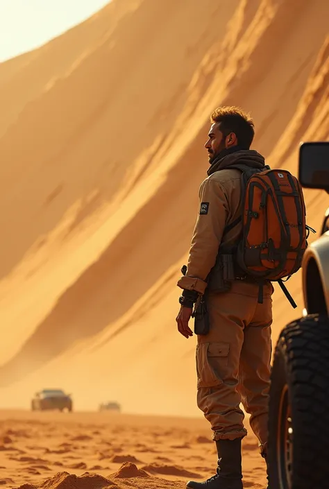 A close shot of a desert driver standing beside his car looking into the mountain of sand