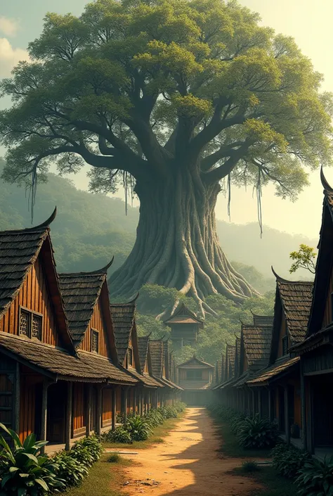 An old rural village in Thailand has tall wooden houses that are mysterious. Inside the village there is a large banyan tree. The color tone of the picture is brown.