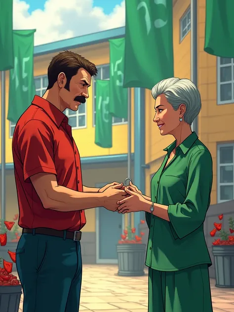 60 year old thin human with brown hair and Imperial mustache in a red shirt and with a sad expression. handing over a key in front of a medium-sized yellow and blue building to a woman with short hair with some gray streaks and a happy expression, with gre...