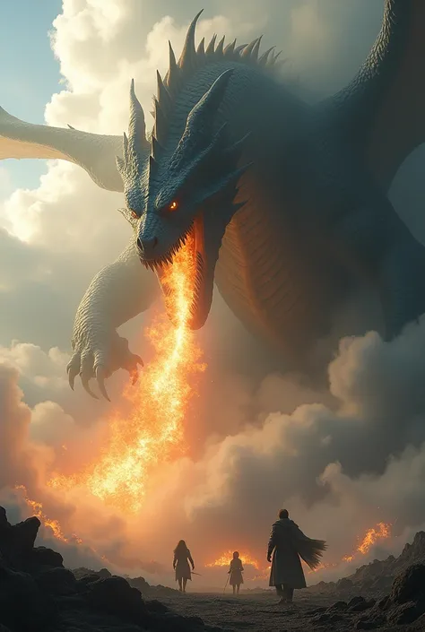 Huge fearsome dragon as big as mountain hiding in a cloud with just head and tail outside an spitting fire on people