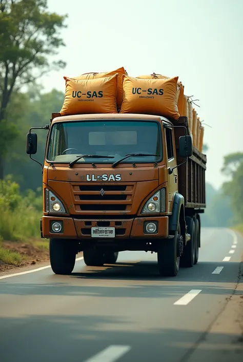 One Bangladeshi trucks on the highway carrying 25 kg camel color bags & these trucks are half-loaded. In each bag written UC-SAS & very clear to see. Give half front view & half side view photo. Please give only one truck photo. 