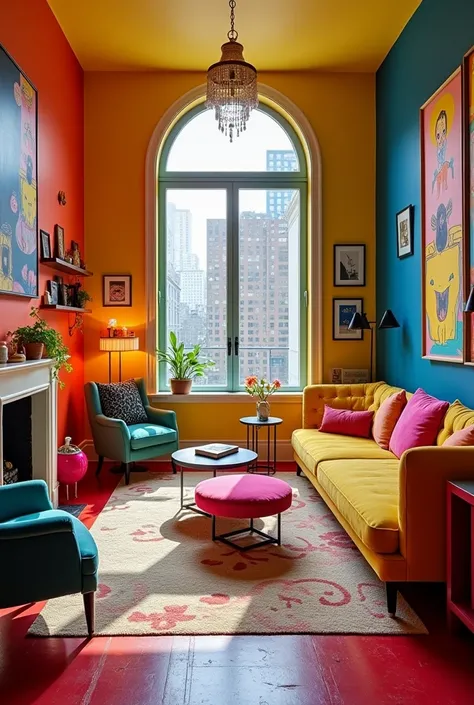 design me an apartment that is a combination of pop art whimsical and high luxury. do not over do it there should be only one small window. ceiling hieght 9 feet
