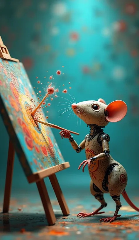 a cute robotic mouse holding a paintbrush, painting on a canvas, intricate patterns on the mouse, magic and stories emerging from the canvas, paint splashing out, against a teal background, (best quality,4k,8k,highres,masterpiece:1.2),ultra-detailed,(reali...