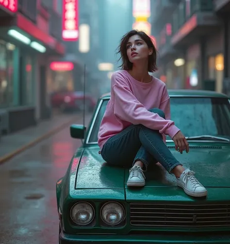 (best quality,4k,8k,highres,masterpiece:1.2),ultra-detailed,(realistic,photorealistic,photo-realistic:1.37),gorgeous young woman,cyberpunk,high angle,realistic skin texture,looks up,pink sweatshirt,posing on a car,1/2 body crop,85mm art lens,f1.2,sharp foc...