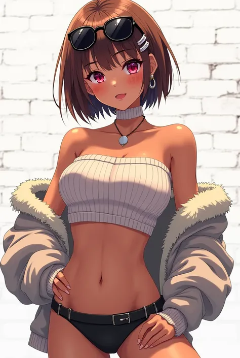 Score_9, score_8_up, score_7_up, score_6_up,  gyaru, source_anime, 1girl, solo, white background,  brick wall backdrop, upper body, looking at viewer, BREAK, earrings, BREAK, thin pink lips, tanned skin, pink makeup,  ribbed sweater, fur trim, bare shoulde...