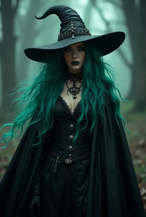  A witch with aqua green hair, with black cape and black hat
