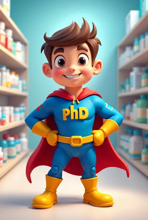 create an emoji-style hero to be a pharmacy mascot, with the colors blue, yellow and red, written on the chest PHD