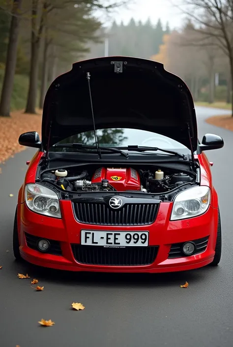 Skoda Fabia 2003 with open hood and Ferrari engine with license plate FL EE 999