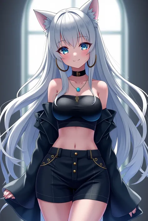 Very long hair, white hair, black crop top, black mini skirt, blue eyes, hoop earings, cat ears, smiling, open mouth, fangs,big breasts, tiny waste, long legs, High Resolution, Looking at viewer, 