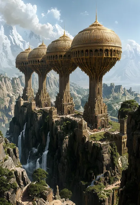 there are three towers that are built on top of a mountain, elaborate matte painting, extravagant matte painting, high fantasy m...