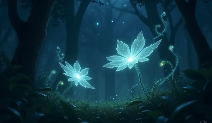 dark, Mysterious forest sky with scattered stars, Illuminated by a fantastic light, Two delicate, Glowing flower leaves, soft, Feathery petals and thin stems, Dancing gently in the air, Carried away by the gentle whispers of the wind, The glow that casts a...