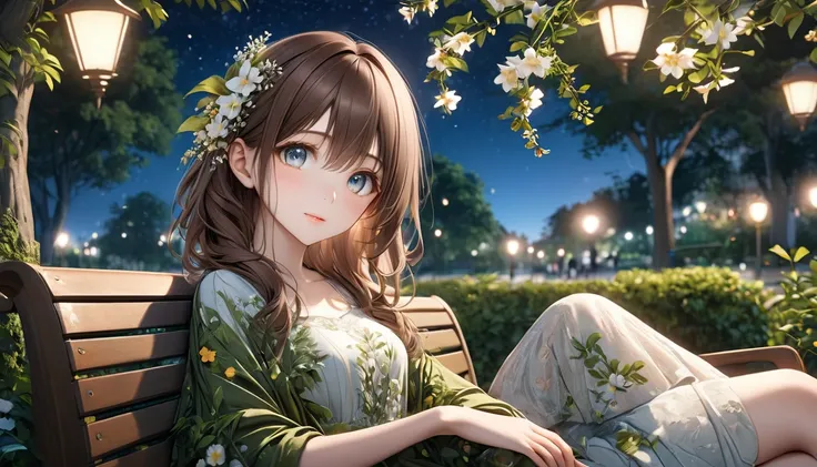 Beautifully detailed anime, Brown Hair, One person, Relax on a bench, Quiet and peaceful park scene, Lush foliage, Detailed Flowers, Beautiful night sky, (Best Quality,4K,8k,High resolution,masterpiece:1.2),Very detailed,(Realistic,photoRealistic,photo-Rea...