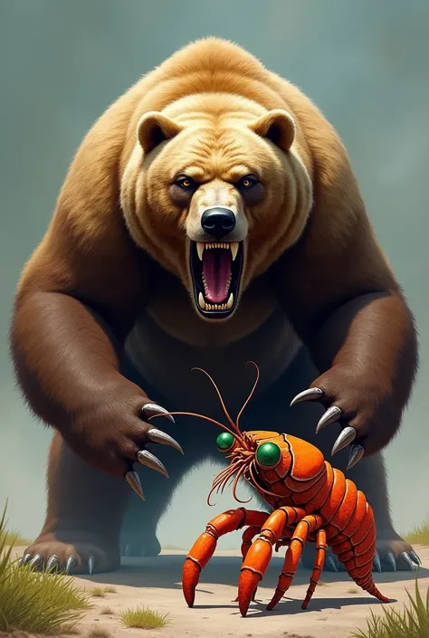 "Create two separate images, one of a grizzly bear and one of a mantis shrimp, each showcasing their deadly nature. The grizzly bear should be depicted in a powerful, aggressive stance, with its mouth open in a snarl, revealing sharp teeth, and its claws e...