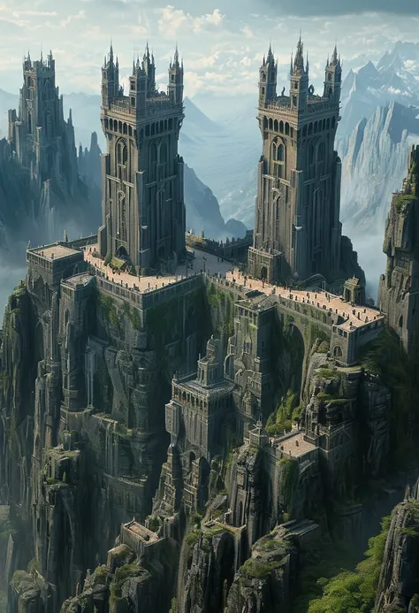 there are three towers that are built on top of a mountain, elaborate matte painting, extravagant matte painting, high fantasy matte painting, matte painting in fantasy style, exquisite matte painting, highly realistic concept art, fantasy matte painting, ...