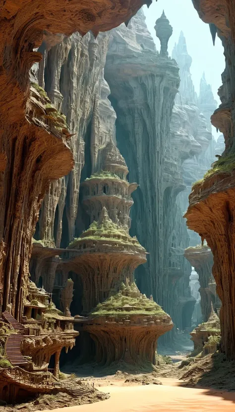 There are many inverted cavities (different rooms, joined by mandelbulb projections that form passages) in the middle of an underground canyon that forms a mandelbulb mud village at different heights with many balconies and stalactites and stalactites, fan...