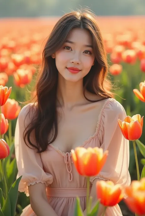 a beautiful young Korea idol woman wearing a cute dress, detailed beautiful hazel eyes and face, sitting in a tulip field. The photo should be taken with a high-end camera, showcasing a stunning bokeh effect in the background. The woman is smiling softly, ...