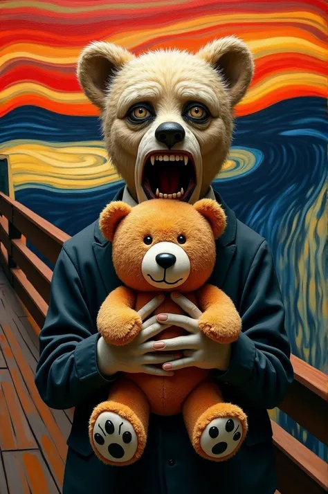 Create an advertisement inspired by the work The Scream, and this advertisement has to sell teddy bears 