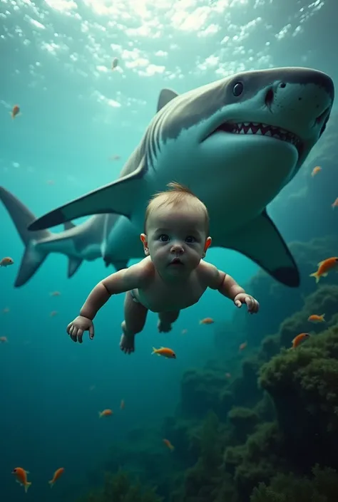 a beautiful  baby, swimming next to a huge shark, view from inside the water, front view, full body. photographed with a Canon EOS-1D X Mark III, 50mm f/1.4 lens