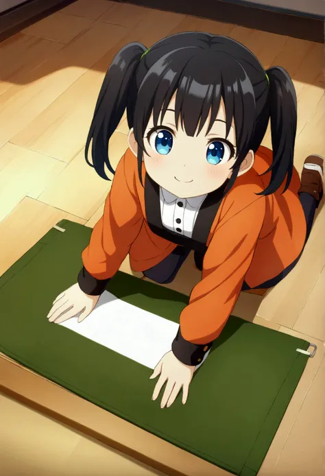 1kid, girl, black hair, two pigtails, cute, blue eyes, cute smile, CG, screenshot, 4years, drawing in a folio on the floor