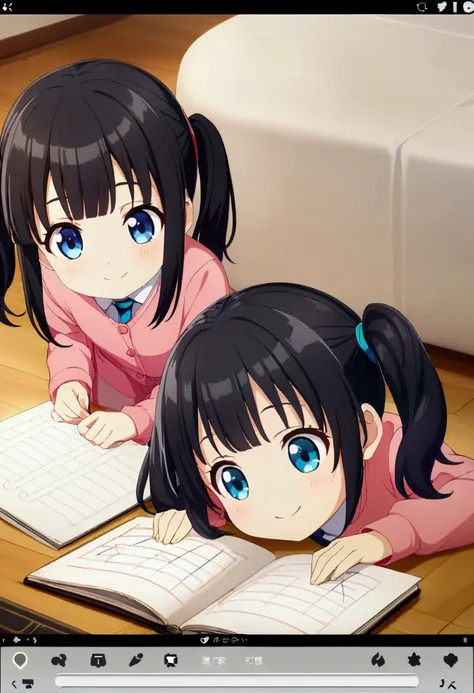 1kid, girl, black hair, two pigtails, cute, blue eyes, cute smile, CG, screenshot, 4years, drawing in a folio on the floor