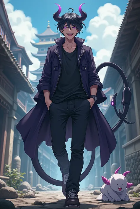 Lucifer motif: Japanese, male in his 20s, black hair, purple eyes, big devil tail, casual clothing, small white devil flying beside him, powerful image, laughs a lot, has fangs when he laughs, likes alcohol, full body shot, old castle background, anime sty...