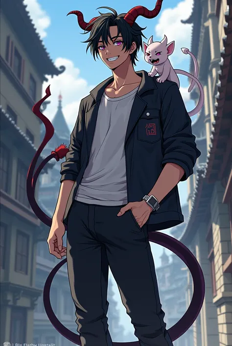 Lucifer motif: Japanese, male in his 20s, black hair, purple eyes, big devil tail, casual clothing, small white devil flying beside him, powerful image, laughs a lot, has fangs when he laughs, likes alcohol, full body shot, old castle background, anime sty...