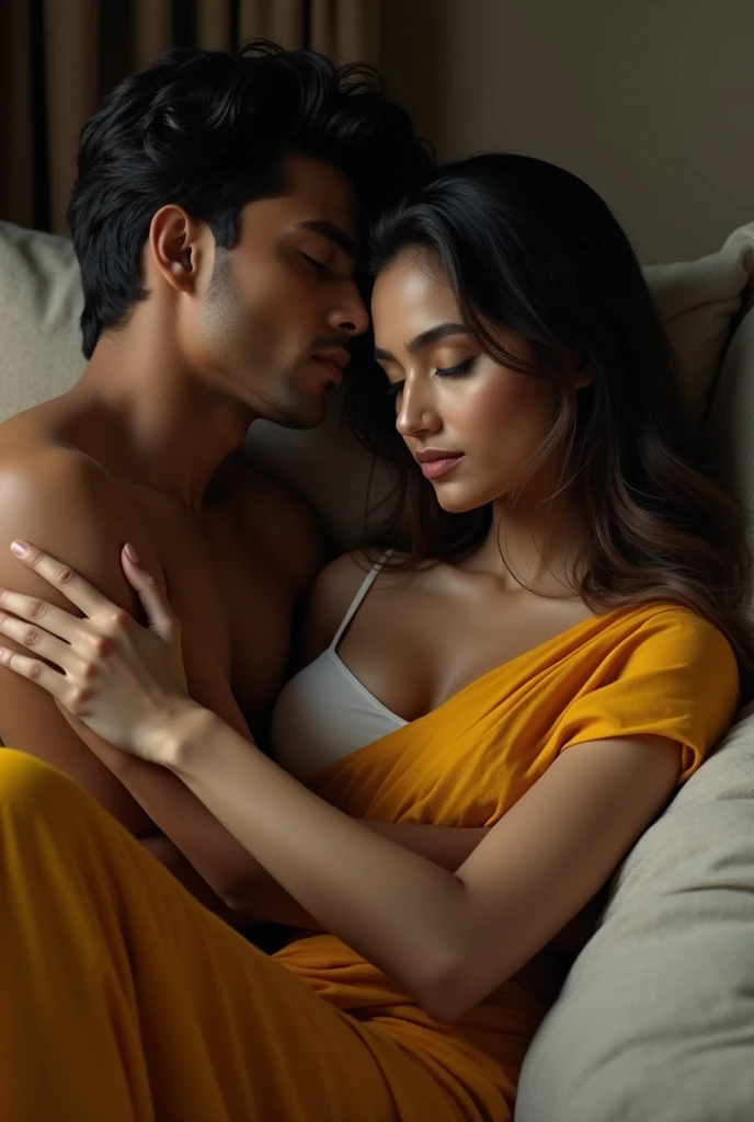 realistic ultra hd, cinematic, erotic, sensual sex, one indian boy and one indian girl, on the couch in their home. she is wearing yellow sari, sari falls off her shoulder, her white full open blouse revealing her breast, man is grabbing and holding her nu...