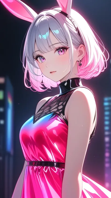 One girl, Medium Hair,  silver hair, Pink long dress, pink Bunny ears , She has large expressive pink eyes,Backlight, Black Light, Beautiful fine details, Beautiful lip detail, Beautifully detailed face, Long eyelashes, Glowing Skin, Mysterious, Mysterious...