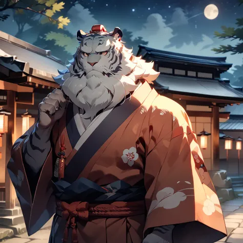 masterpiece, best quality, very aesthetic, absurdres, BREAK noise reduction, BREAK [face:full body:10], looking away, from above, onmyoji, plump middle-aged Japanese tiger man, fluffy body, tail, brown eyes, beautiful beard, male face, big face, square jaw...