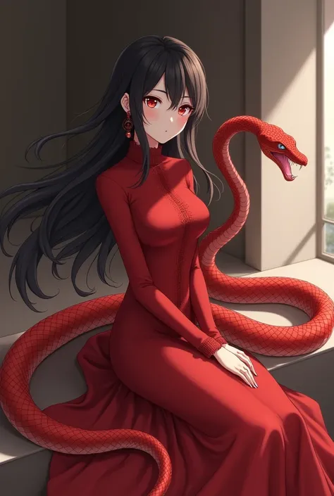 Aesthetic elegant principal Anime girl in a elegant modern and modest red dress with a red cobra as a pet. Make the image closer