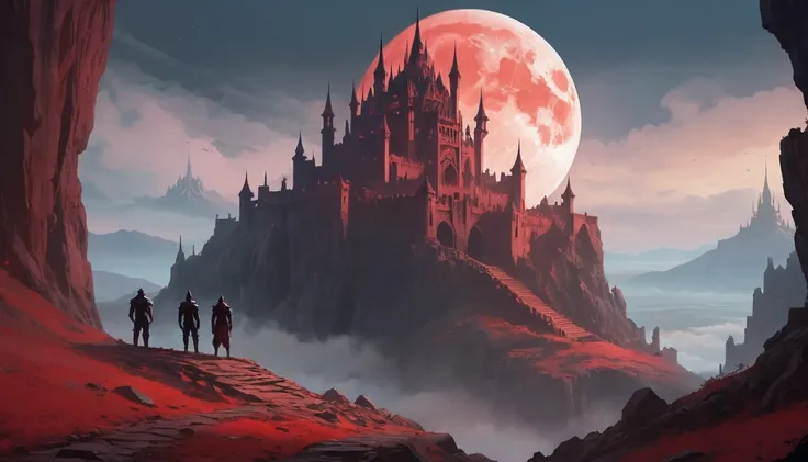 darkness、A man stands on a hill in front of a Gothic castle, Kaladesh concept art. Mechanical, Scarlet Crescent Moon, Inspired by Mika Karci, Architecture carved for the Titans, James Paik, Futuristic military base interior, Cultists Watch, Works inspired ...