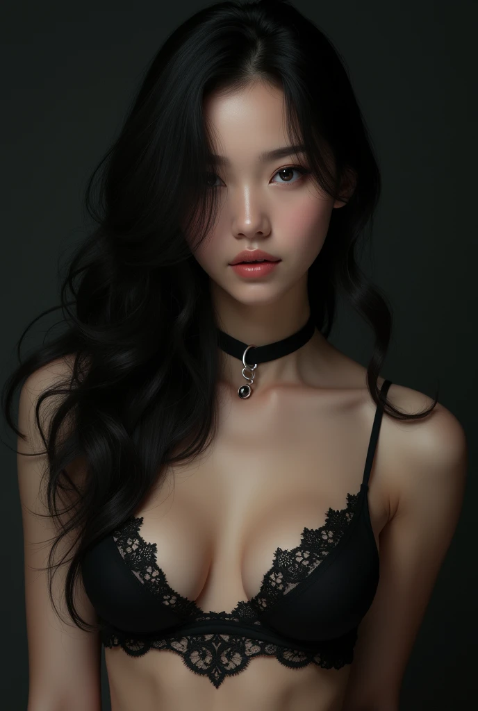 A black haired girl, in black lingerie