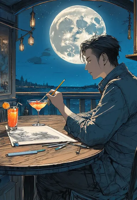 (masterpiece, best quality),(pencil Line art: 1.2), post-grunge, concept art, trends in art station, detailed depiction,(A man is sitting at a table drinking a cocktail called the blue Moon. full moon night),blue outline,