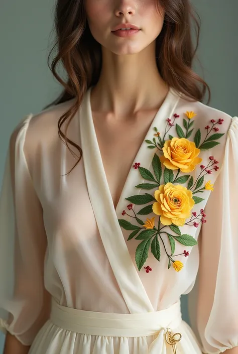 Suitable colours short wrap
 Top Georgette transparent fabric with sleeves with yellow roses, green leaves and maroon small flowers embroidery on unique  collared neck, add small 5 leaves flower) exaggerated one side collar (embroidery only on collar not b...