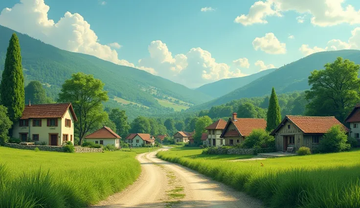 Image of a village in which green land both side and in middle there is a off-road day time image with punchy colours realistic image