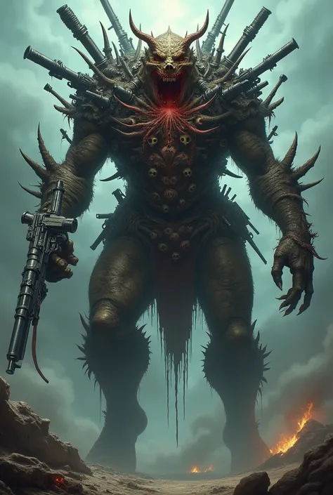 Big gun Devil with guns and every other weapons sticking out  , decapitated heads of Animals , ghoulish matter lodged everywhere in its body, Giant , floating in sky,very detailed ,creepy atmosphere,WEAPONS EVERYWHERE ON ITS BODY , skulls everywhere 