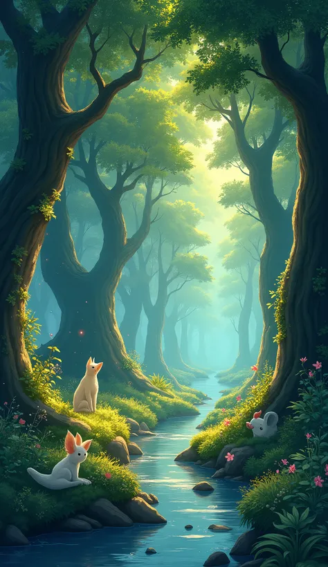 Viral anime nature wallpaper in 4K quality, in the style of digital illustration inspired by Hayao Miyazaki, featuring a serene forest with towering ancient trees, dappled sunlight filtering through the leaves, a gentle stream flowing through the scene, an...